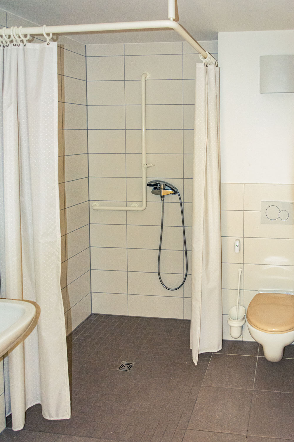 Badezimmer mit Toilette, ebenerdiger Dusche, Duschvorhang und Waschbecken