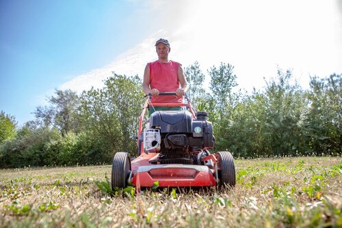 Mann mit Rasenmaeher