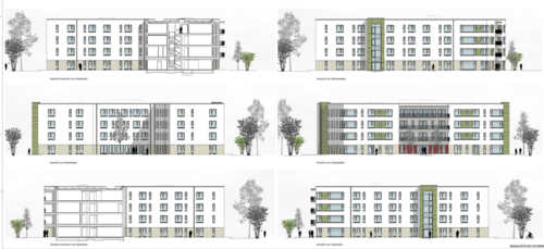 Gebäudeentwürfe des Neubaus von den Seiten aus betrachtet 