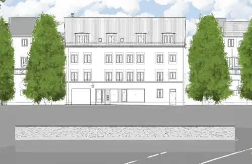Ein Entwurf der Hausfassade des neuen Gebäudes von der Straße aus
