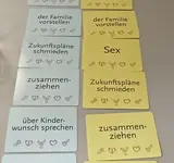 Eine Reihe von Karten mit Begriffen zum Thema Sexualität und Partnerschaft liegen nebeneinander