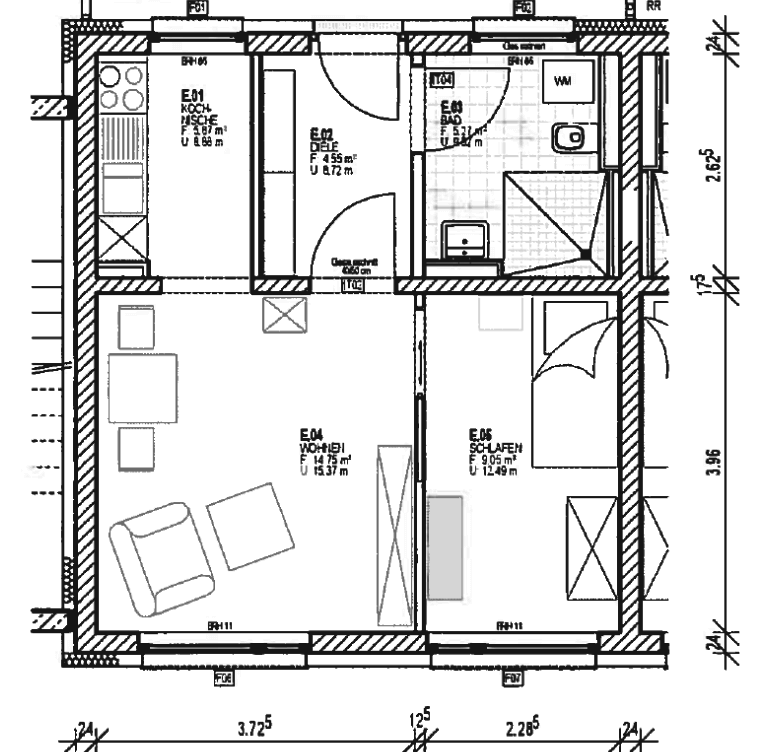 Grundrissskizze einer Wohnung für Betreutes Wohnen mit 39 Quadratmetern in Greifswald