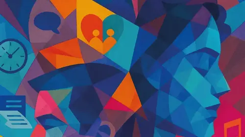 Ein abstraktes Bild mit Formen und Gesichtern