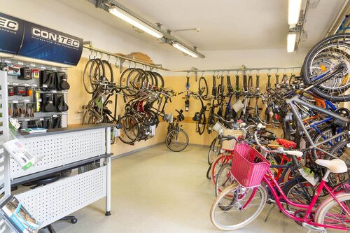 Blick in den Verkaufsraum mit vielen gebrauchten Fahrrädern, die an den Wänden stehen und hängen